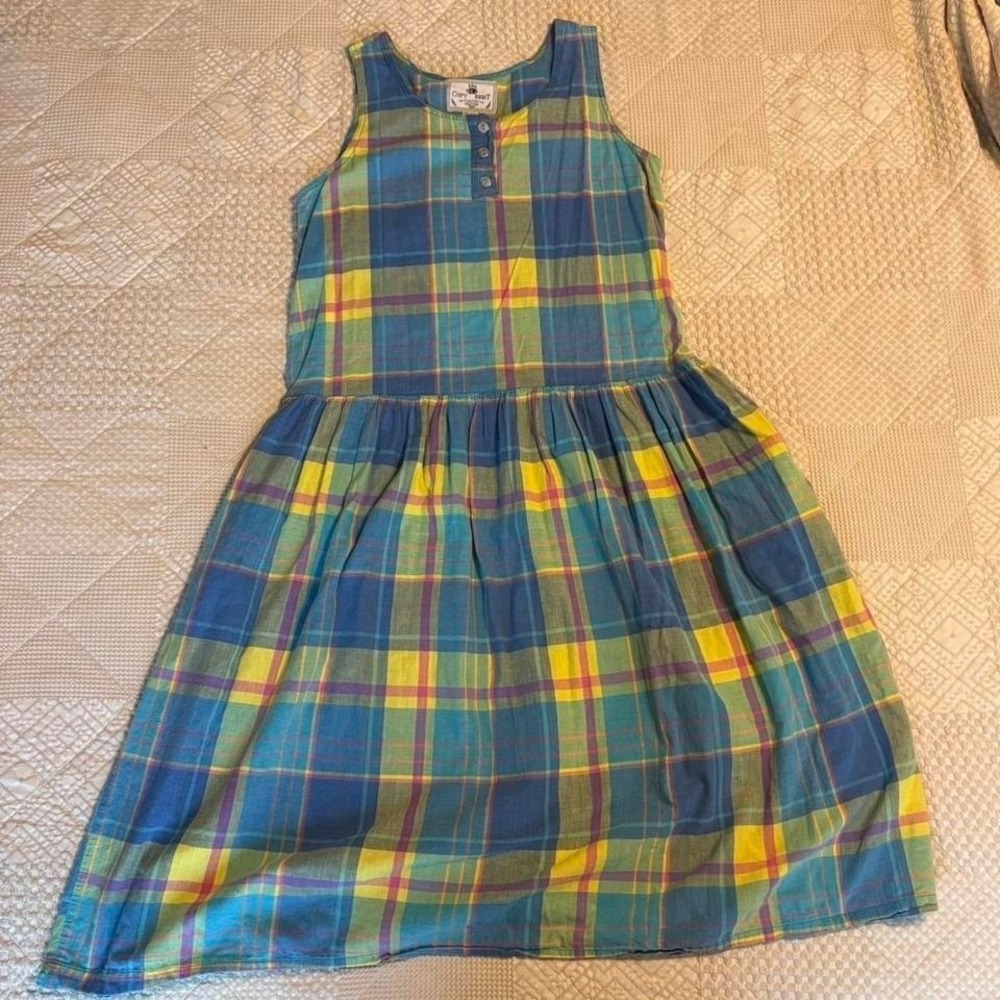 VTG blue & yellow plaid dress with button up front + pockets , L